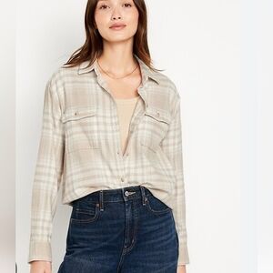 Old Navy Womens Tan&white Boyfriend Flannel Plaid Button-Up Shirt Size XS